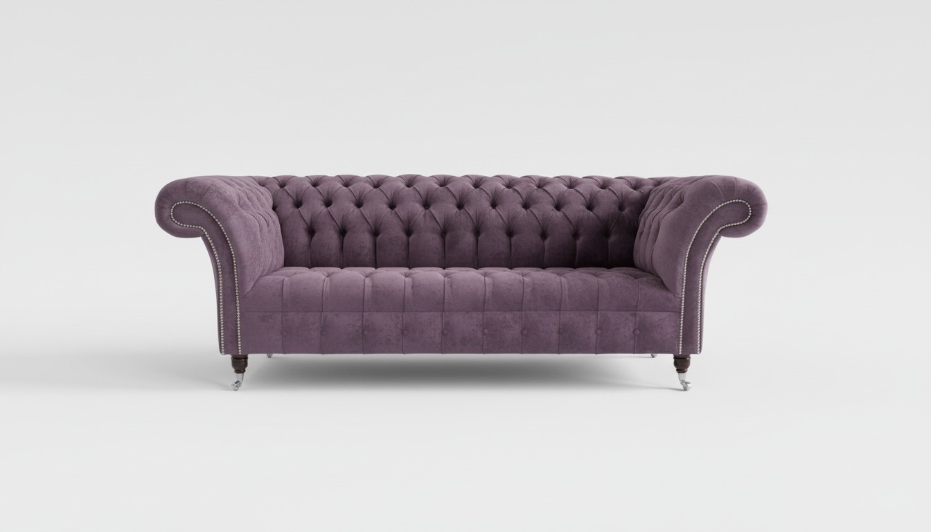 Chesterfield Sofa 3-Seater Purple Textile Upholstered Couch with Casters Living Room Comfortable New