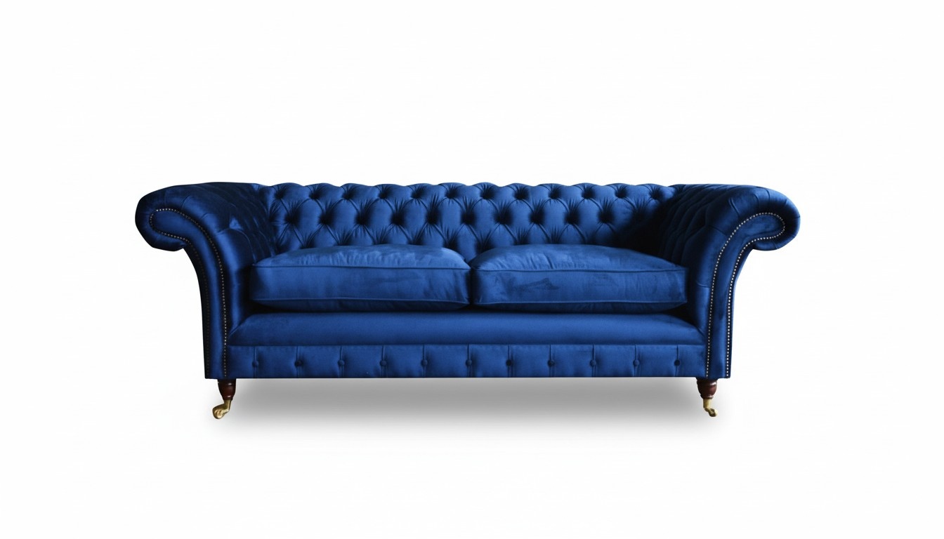 Chesterfield 3 seater fabric blue textile sofa living room design couches sofas new