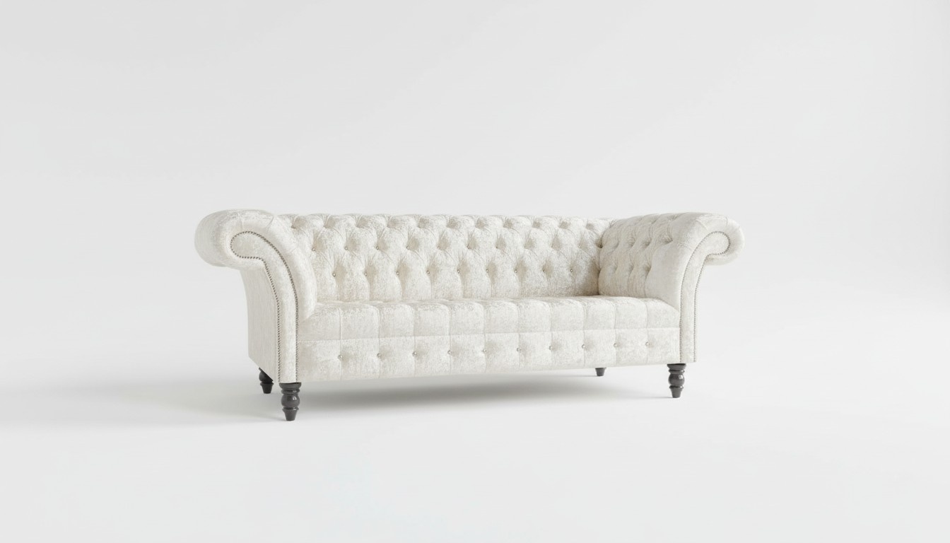 Chesterfield 3-Seater Sofa Textile Luxurious Classic Style Silver Beige Wooden Feet Comfortable New