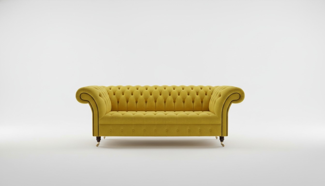 Chesterfield Sofa 3-Seater Bright Yellow Textile With Buttons Comfortable Couch on Castors New