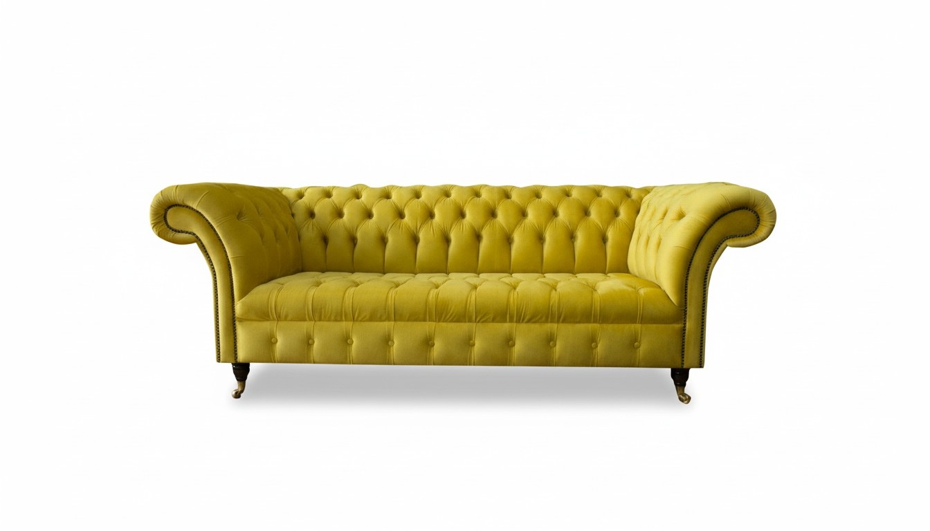 Chesterfield 3 Seater Sofa Yellow Three Seater Textile Living Room Fabric Luxury Modern