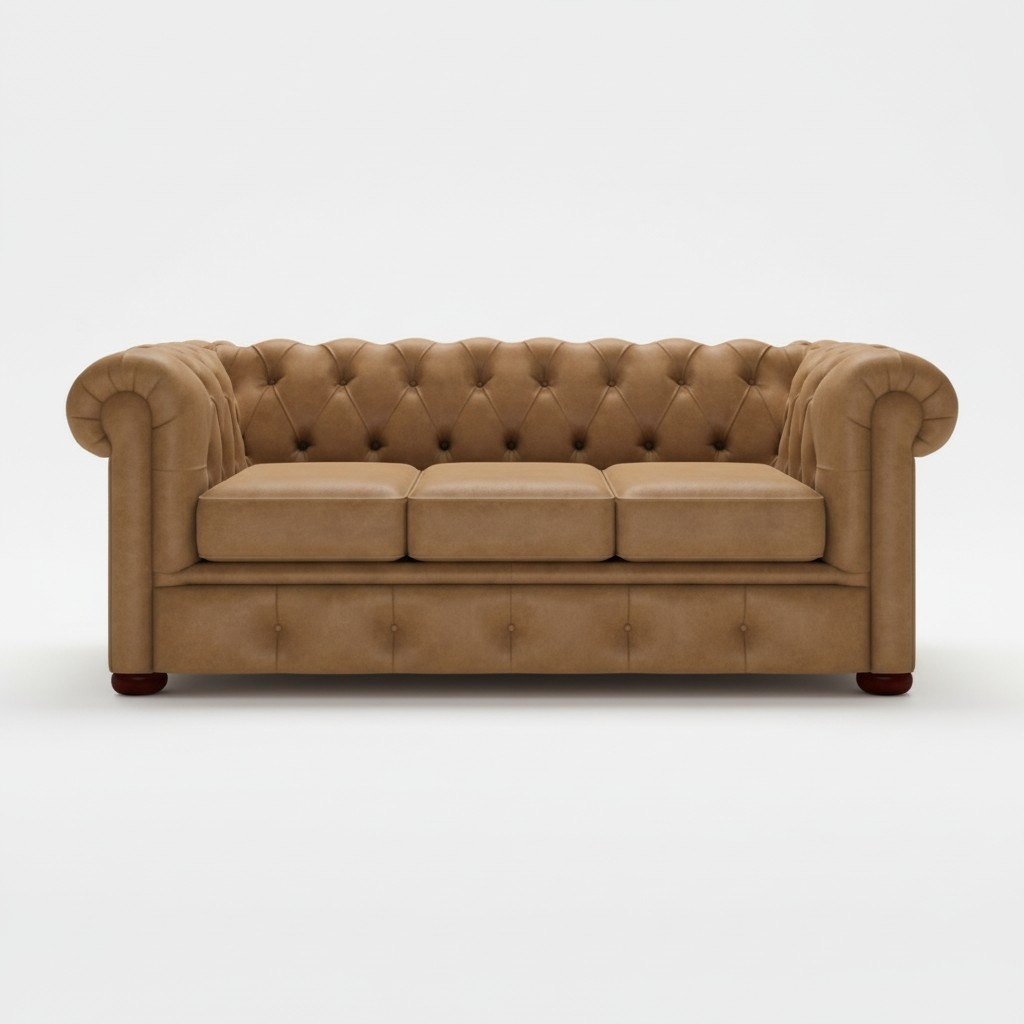 Chesterfield Sofa 3-Seater Beige Classic Living Room Couch Textile Upholstered Comfortable New