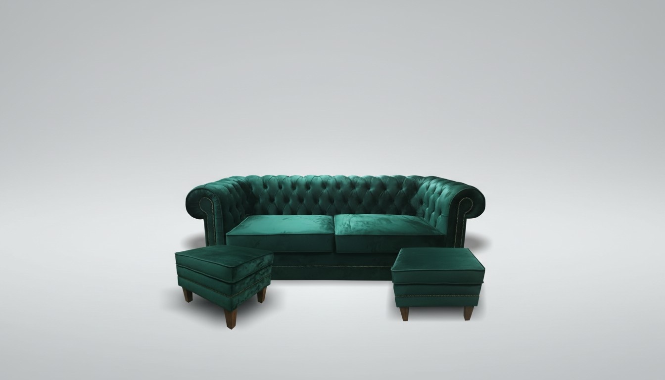 Sofa Set Chesterfield With Buttons 3-Seater + 2x Stools Emerald Green Textile Upholstery New