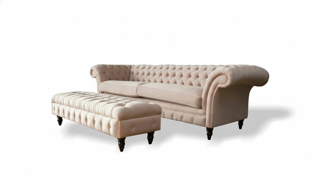 Chesterfield 4 seater stool pink textile living room set sofa luxury modern 2 pieces.