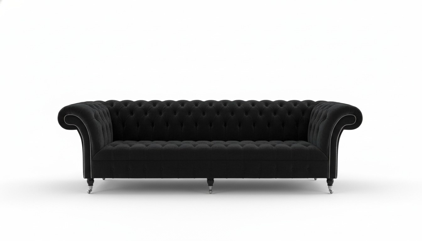 Chesterfield XXL Sofa 4-Seater Black Textile Upholstered Couch On Wheels Living Room
