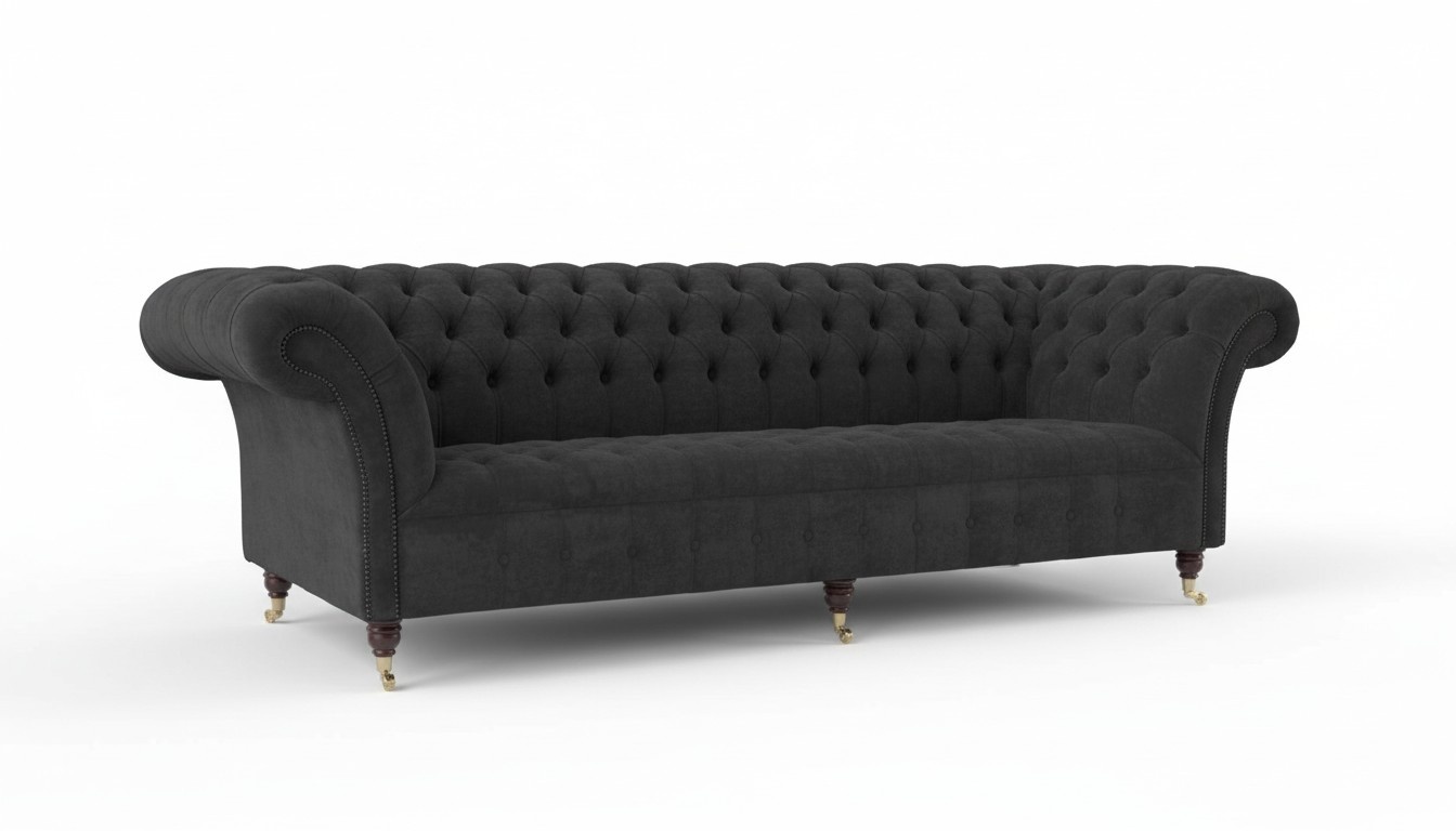 Luxurious Chesterfield Sofa XXL Sofa 4-Seater Real Wood Textile Upholstered Grey On Wheels New