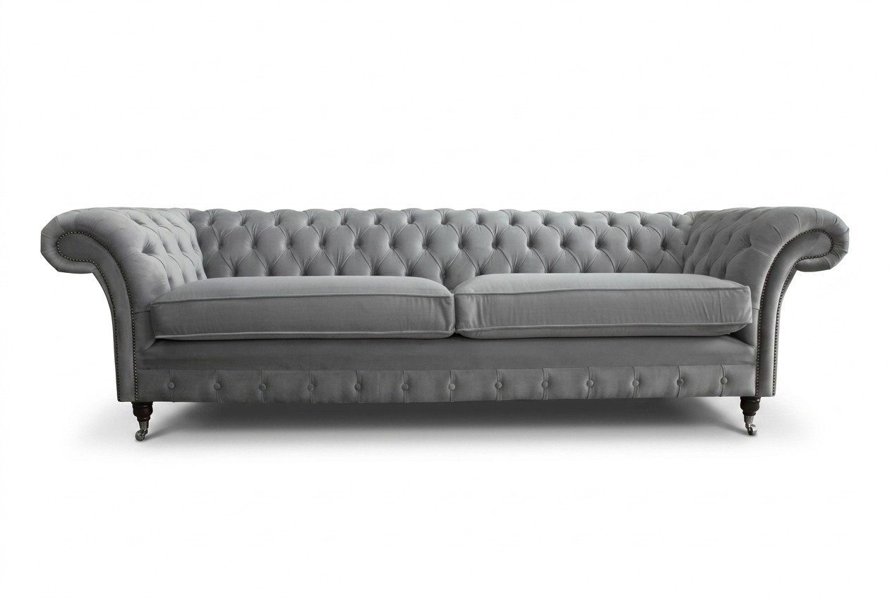 Chesterfield XXL Sofa 4-Seater Grey Textile Upholstered Couches With Soft Cushions New