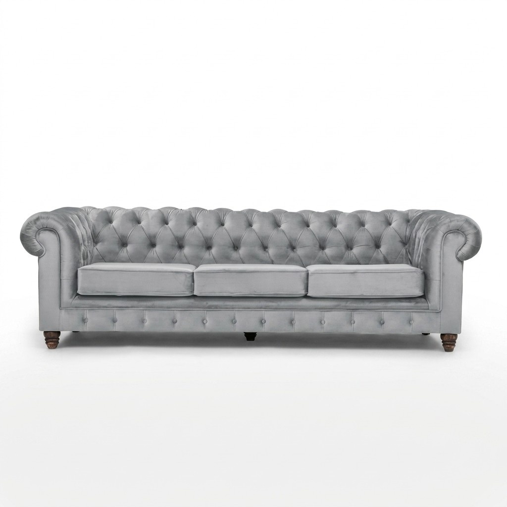 Chesterfield 5-seater Classic Luxury Sofa Textile Leather Couch Silver Couches Grey