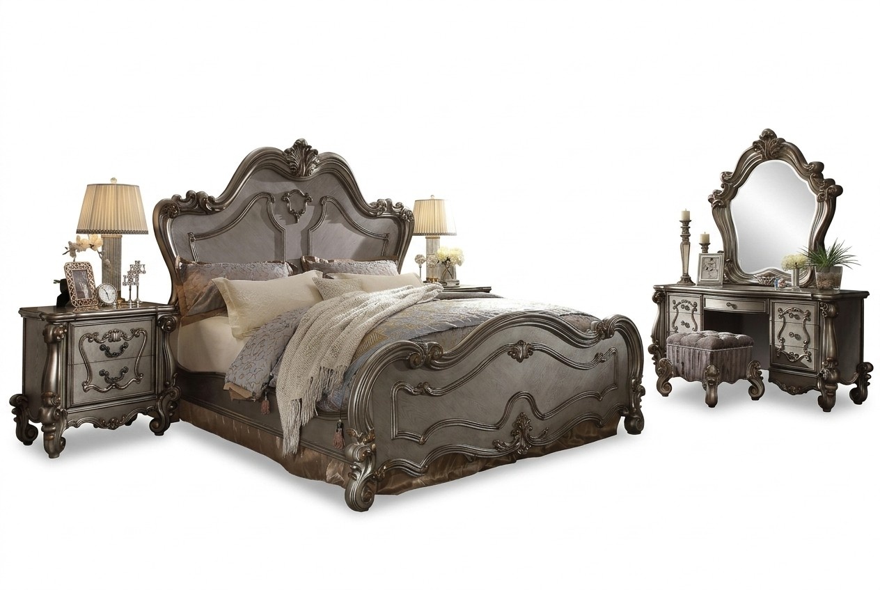 Classic baroque style bedroom set of massive marriage double bed & 2x-bedside tables