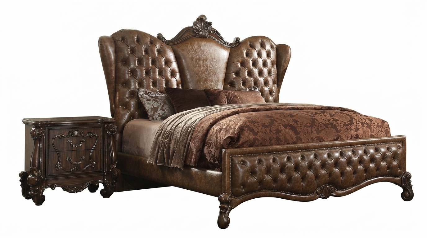 Royal bedroom set of chesterfield design baroque style double bed & 2x-bedside tables