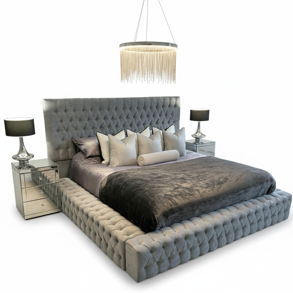 Chesterfield design massive premium faux leather upholstered double bed in modern style made of real wooden frame
