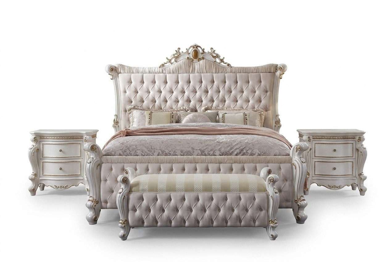 Classic rococo style bedroom set of chesterfield design double bed & 2x-bedside tables