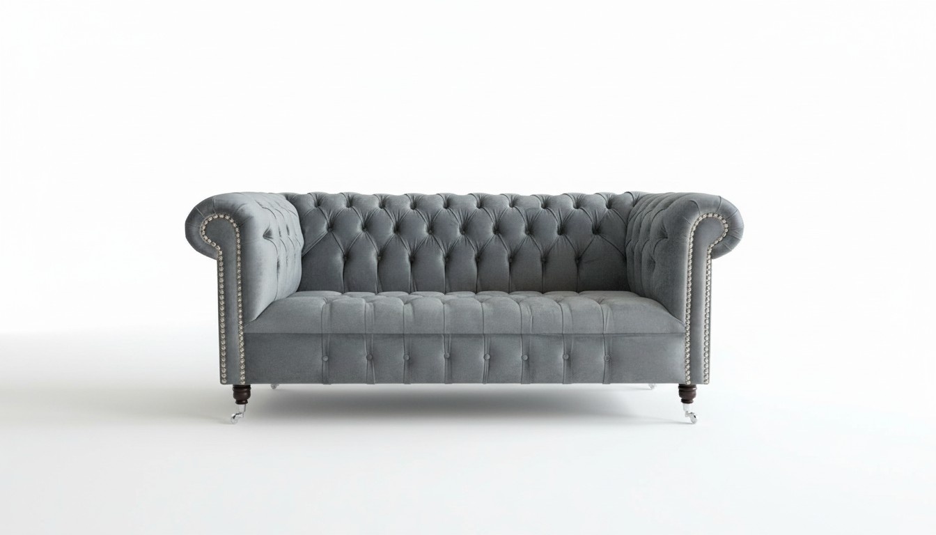 Chesterfield Sofa 3-Seater Luxurious Grey Textile Couch On Casters Comfortable New