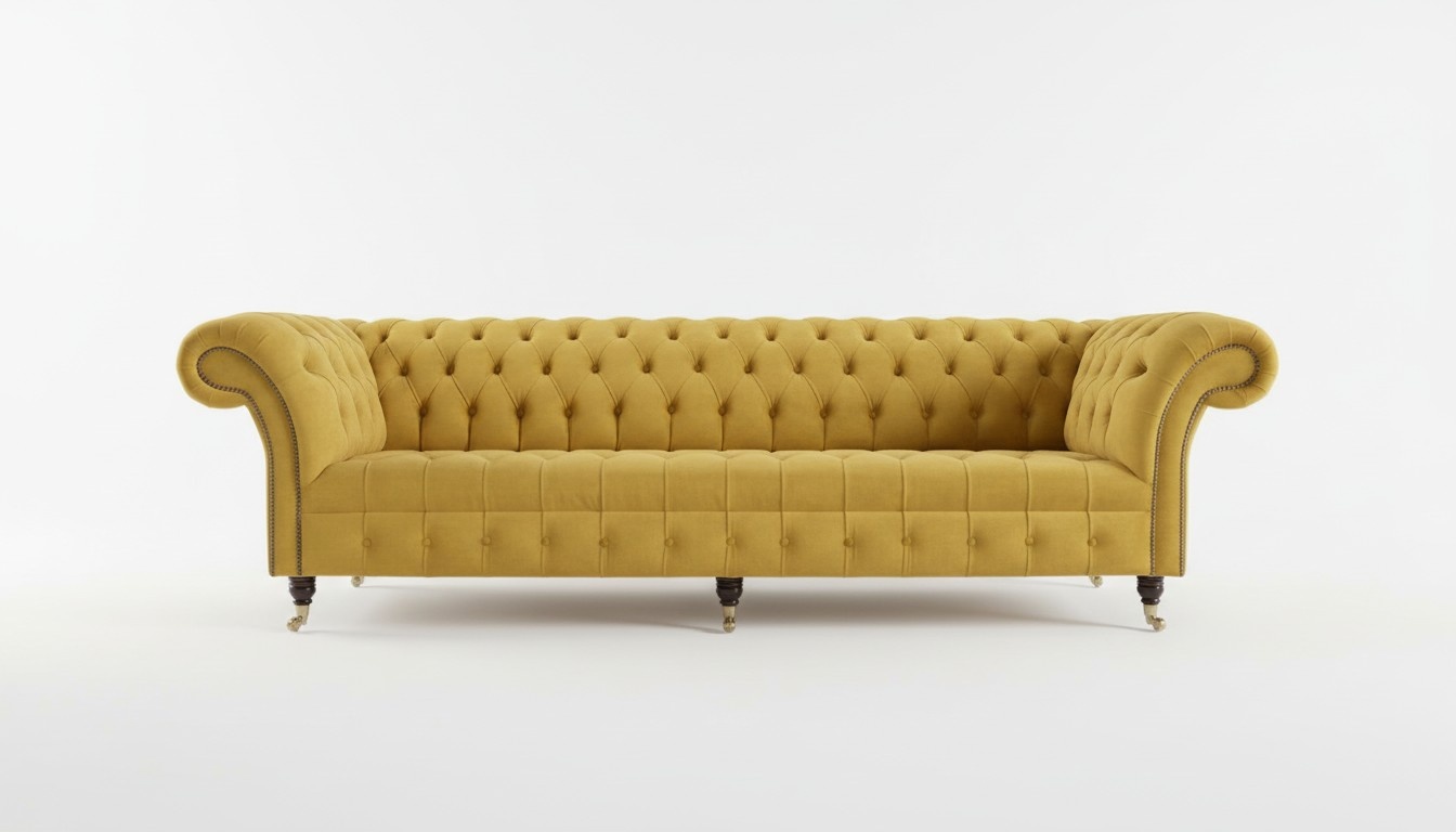 Chesterfield Sofa 4-Seater Yellow Textile Upholstered Comfortable XXL Couch on Casters New