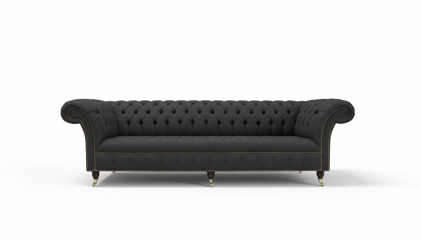 Chesterfield Sofa 4-Seater Dark Grey On Casters Textile Upholstered New Sofas