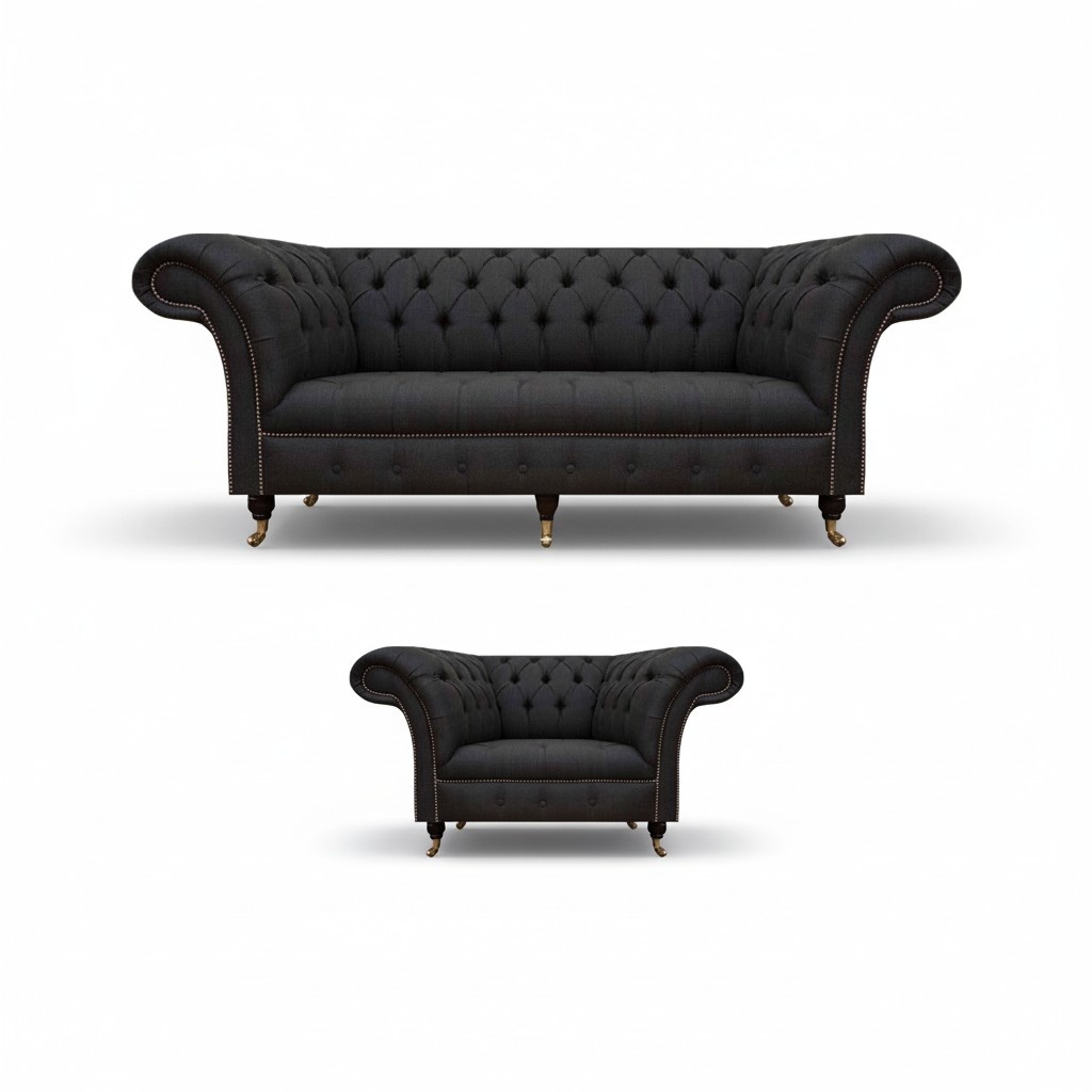 Chesterfield Black Fabric Upholstery Designer 3-Seater Armchair 2-piece