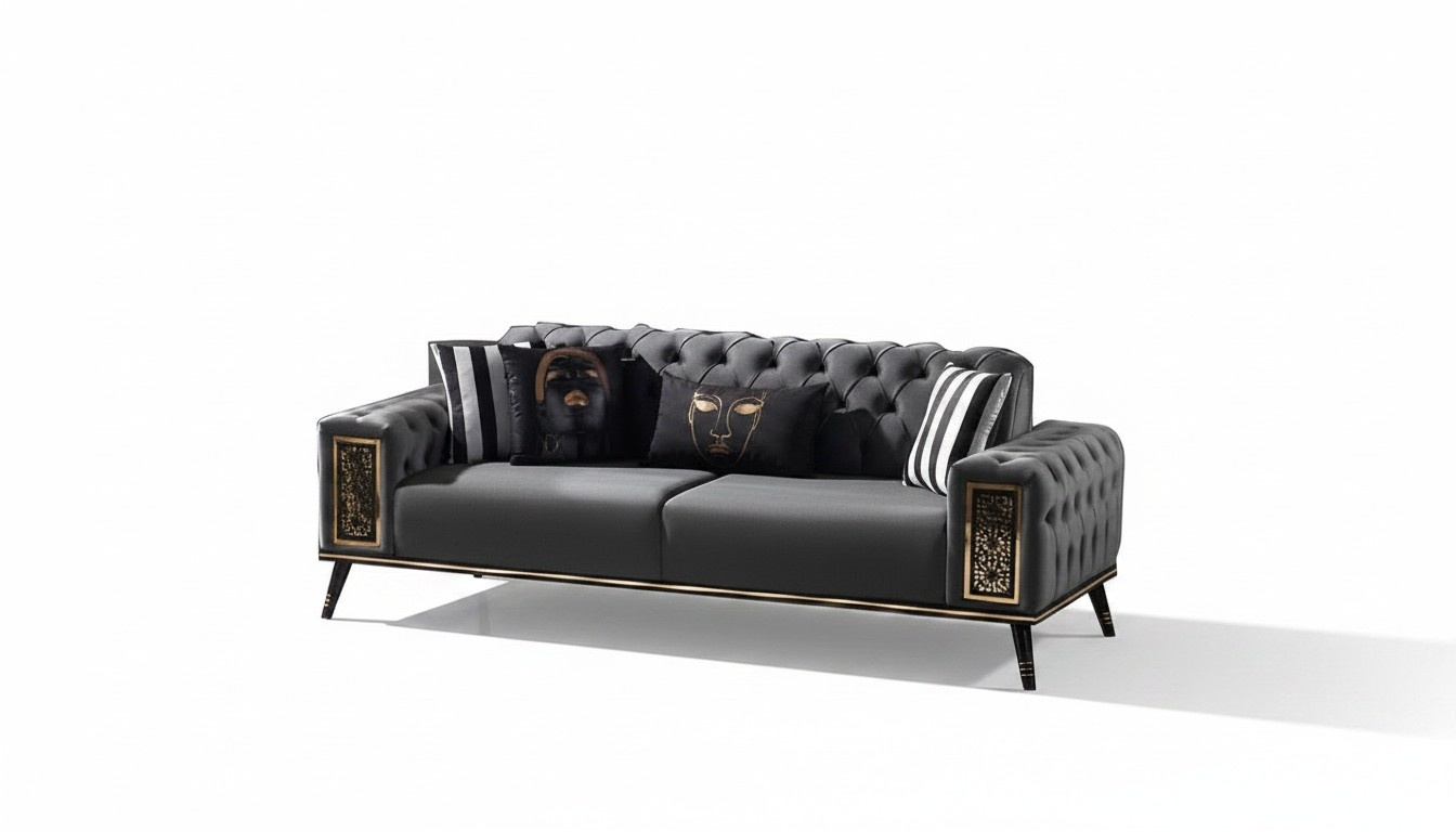 Chesterfield Black-Golden Three-Seater Living Room Luxury 3-Seater Furniture