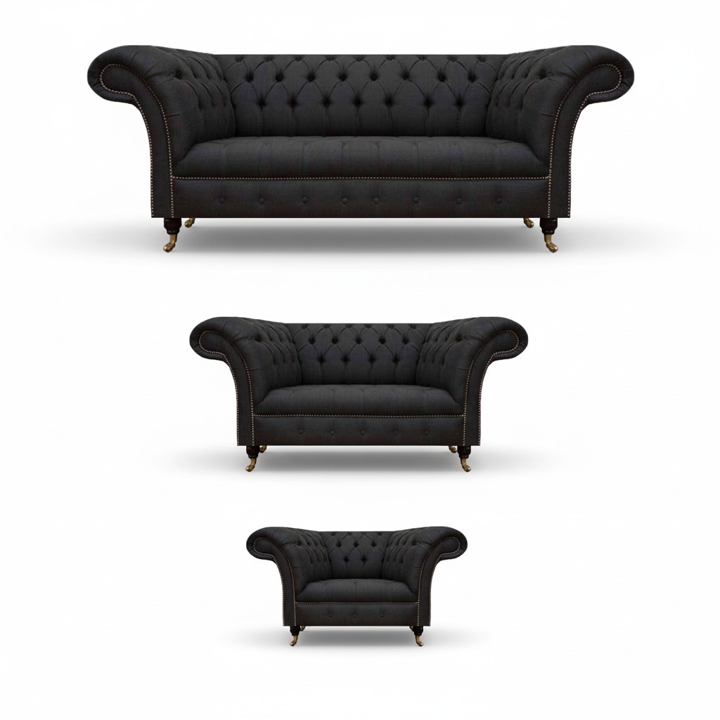 Chesterfield Black Living Room Sofas Complete Set 3-piece Set