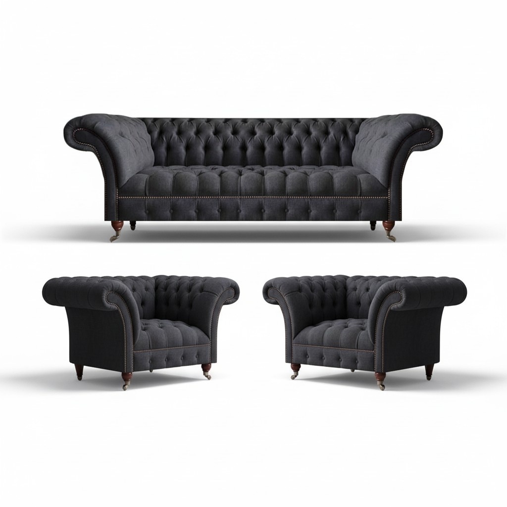 Chesterfield black seating set living room 3-seater couch 2x armchairs