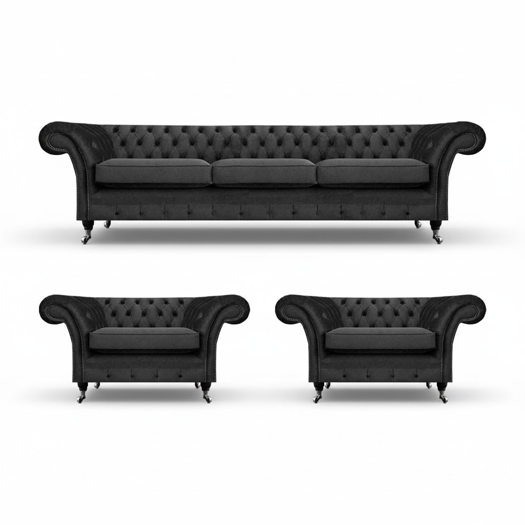 Chesterfield Black Upholstered Furniture Sofa Set 3 Pieces Living Room 3+1+1