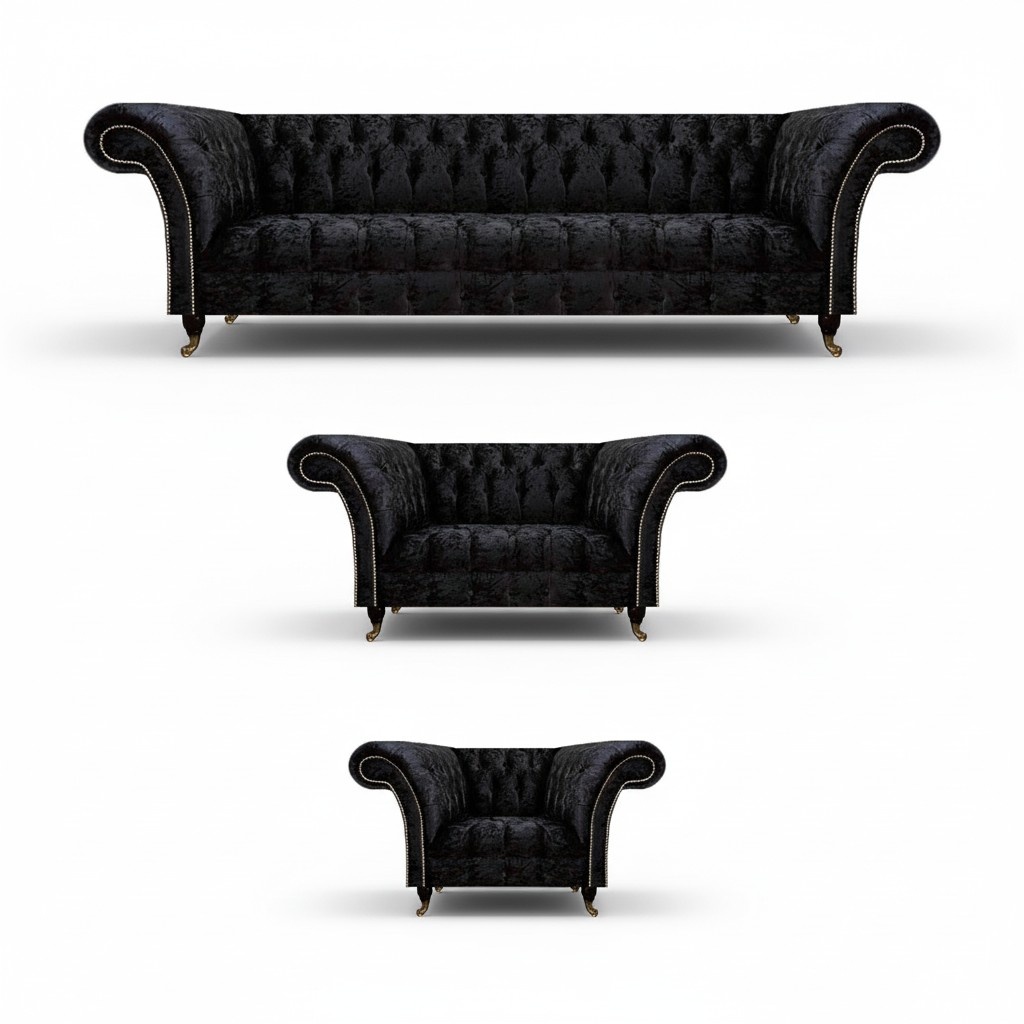Chesterfield Black Upholstered Furniture Designer Living Room Sofa Set 3-piece