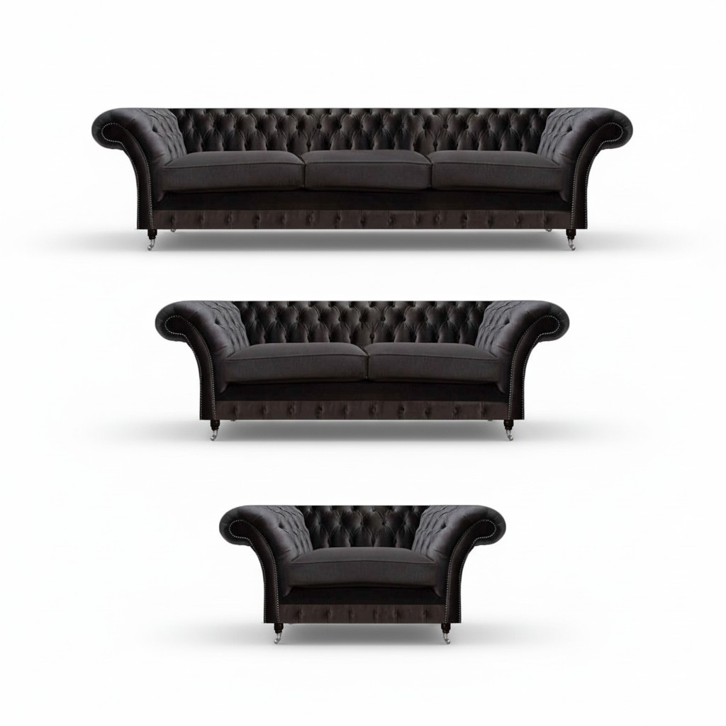 Chesterfield Black Upholstered Set 3-Seater Luxury Armchair Loveseat