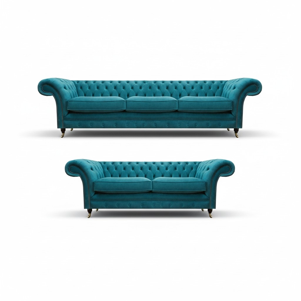 Chesterfield Blue 2x Sofa Set Living Room Upholstered Furniture Luxurious Sofa Suite