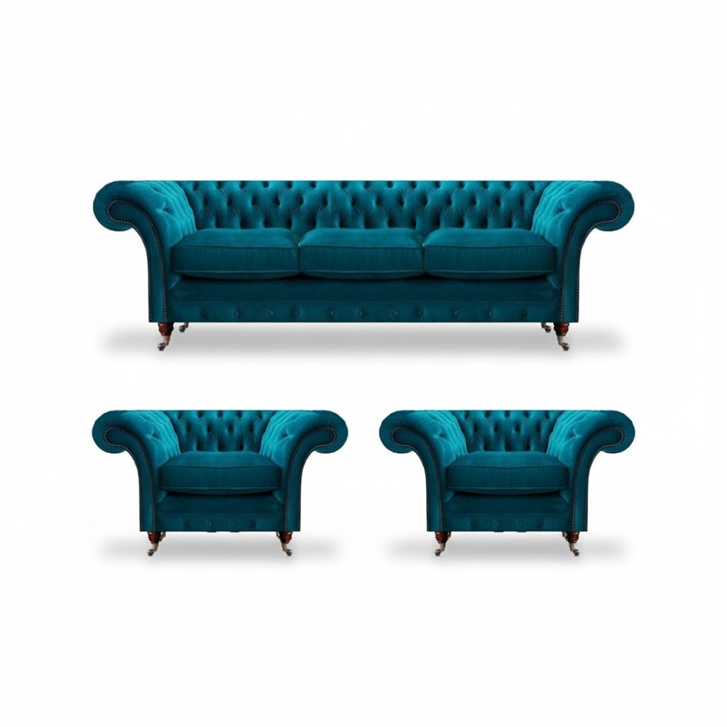 Chesterfield Blue Couches Upholstered Sofas Living Room Textile Seating Furniture 3-piece