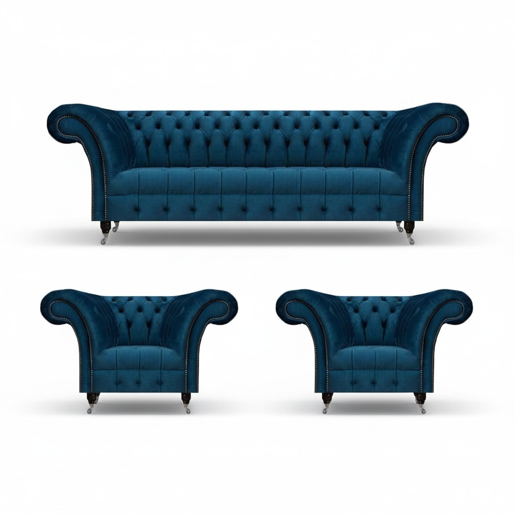 Chesterfield Blue Seating Group Modern Complete Living Room Sofa Set