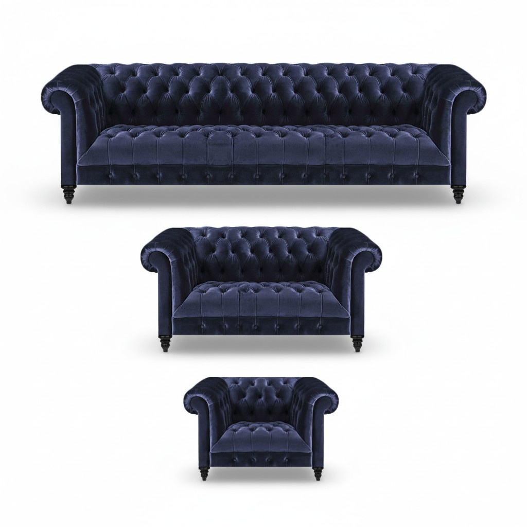 Chesterfield Blue Sofa Set 3-piece Living Room Furniture Upholstered Furniture