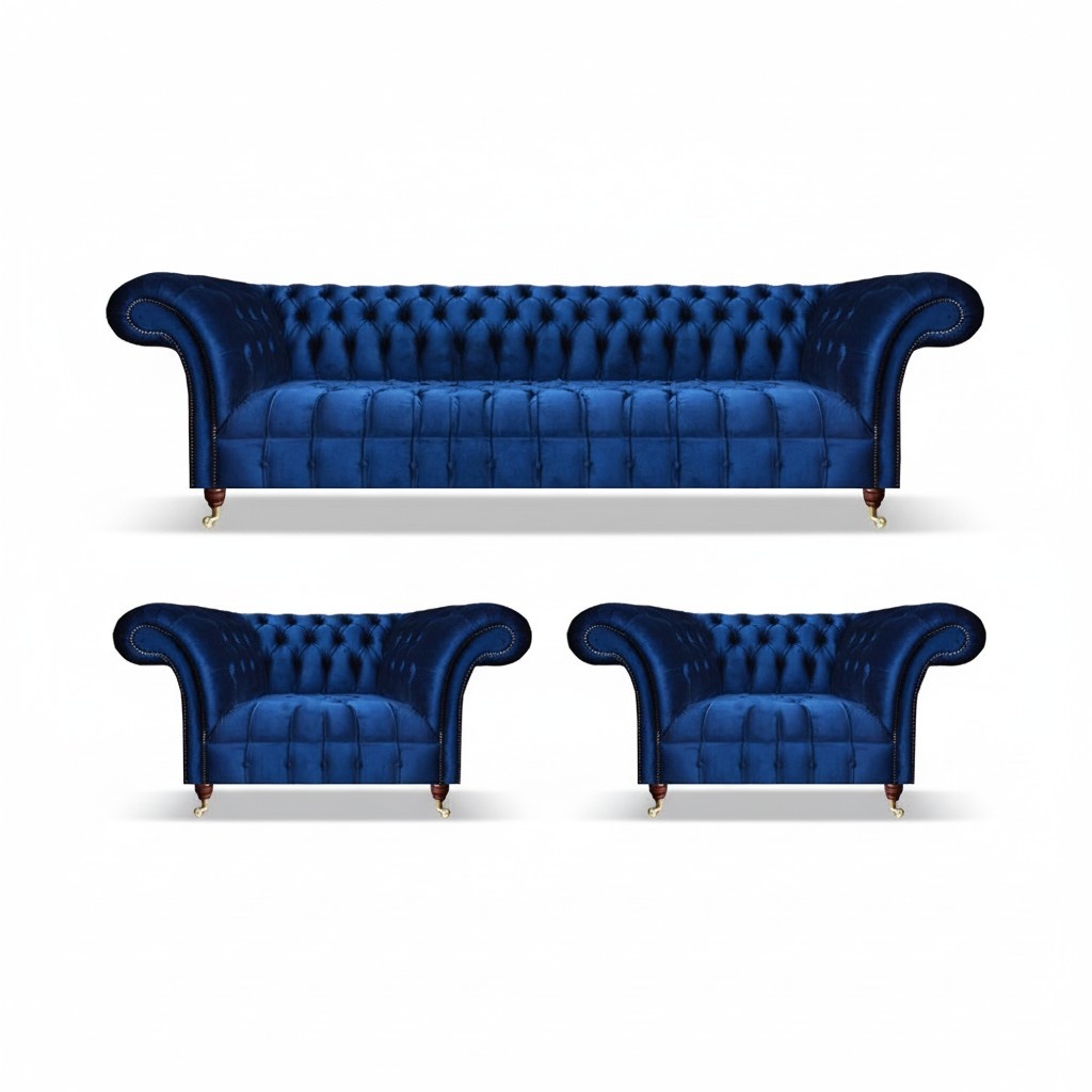 Chesterfield blue sofa set 3 pieces textile sofa three seats 2x armchairs living room