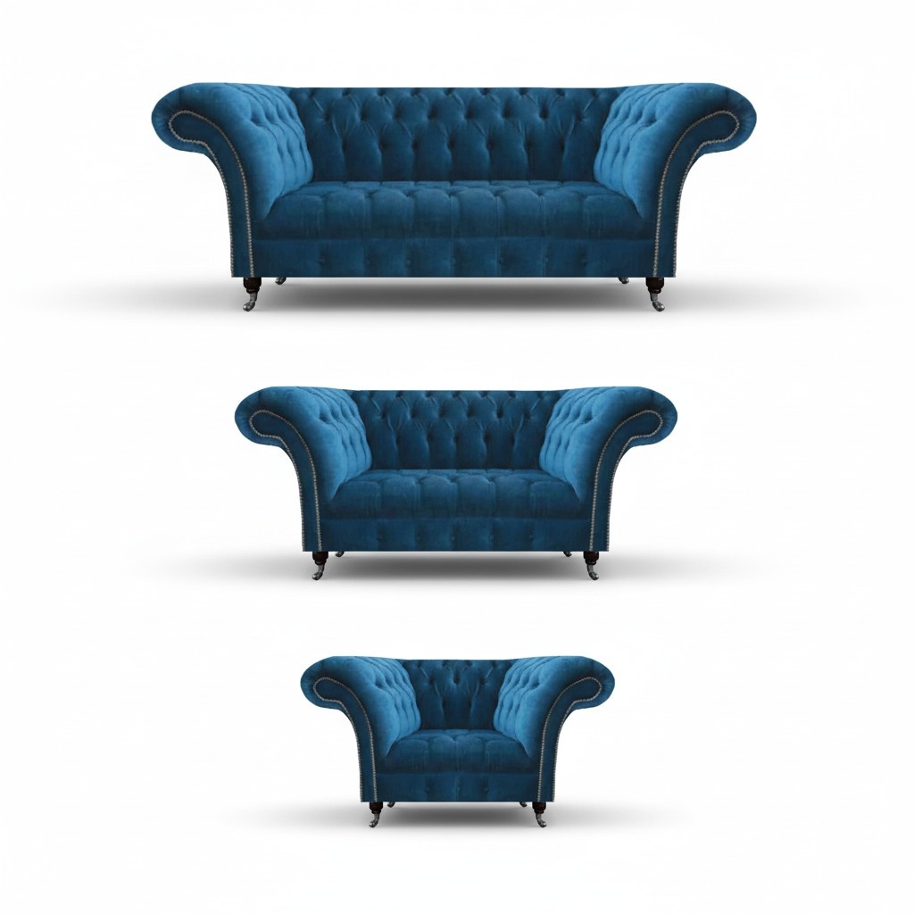 Chesterfield Blue Upholstered Living Room Sofa Set 3-Seater 3-Piece