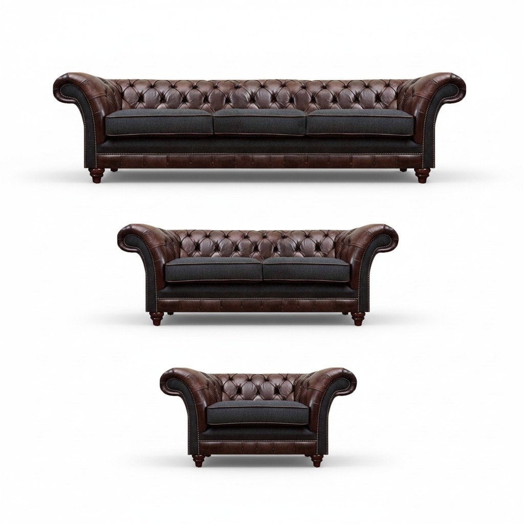 Chesterfield Brown-Grey Upholstery Leather Sofa Designer Complete 3-Piece Set