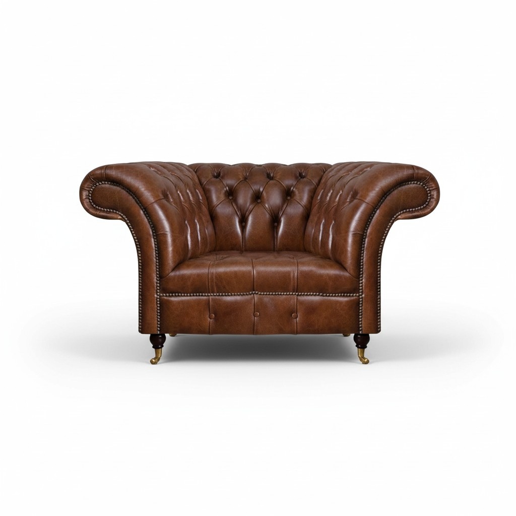 Chesterfield Brown Leather Armchair Living Room Faux Leather Single Chair Furniture