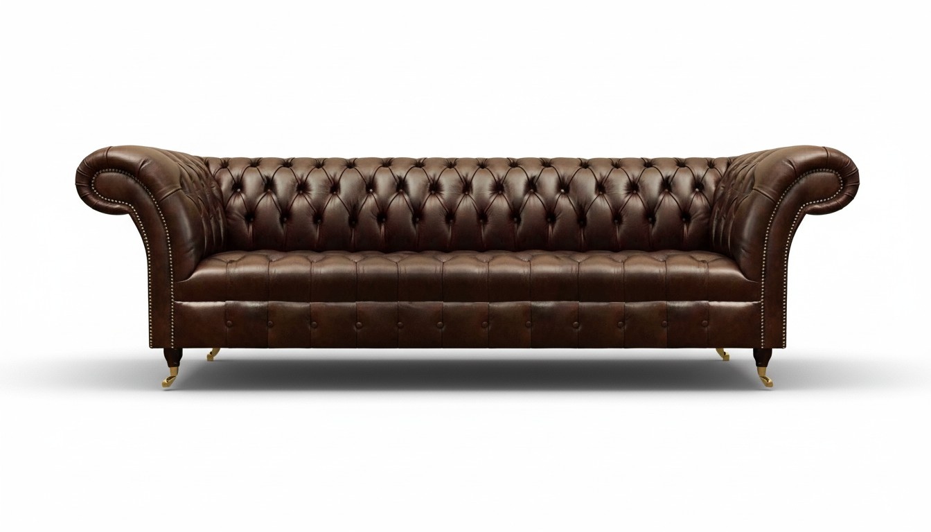 Chesterfield Brown Leather Four-Seater Designer Living Room Leather Sofa