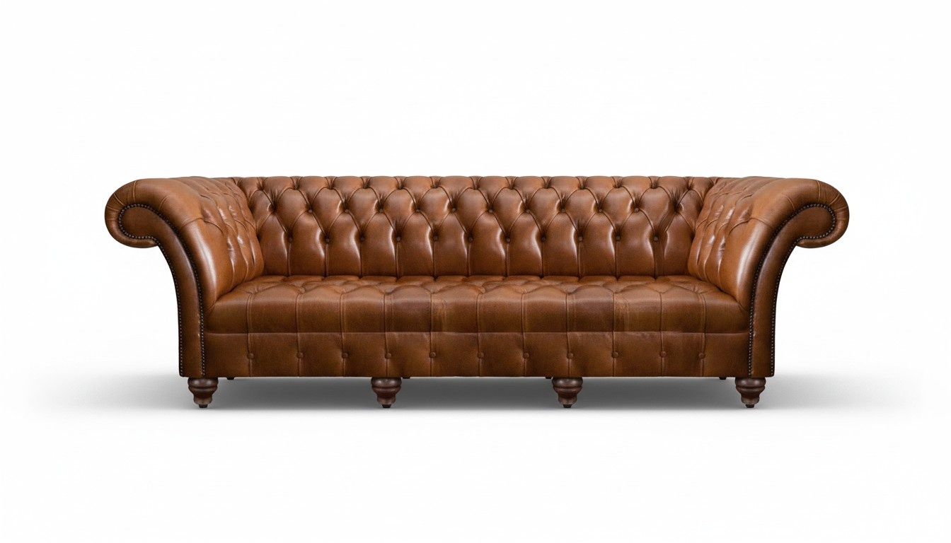 Chesterfield Brown Leather Sofa Living Room Designer Four-Seater Couch