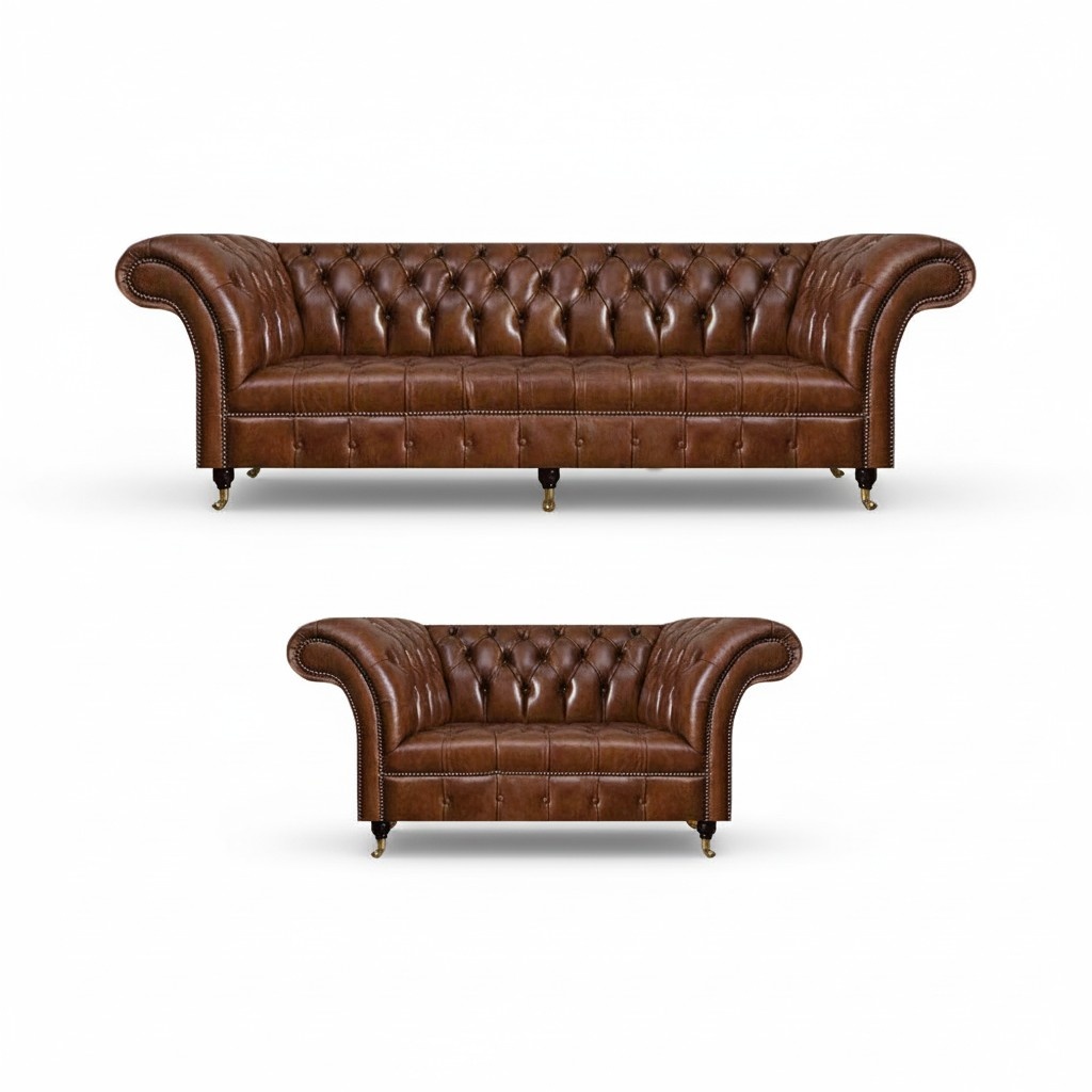 Chesterfield Brown Leather Sofas Designer Set Complete Furnishing