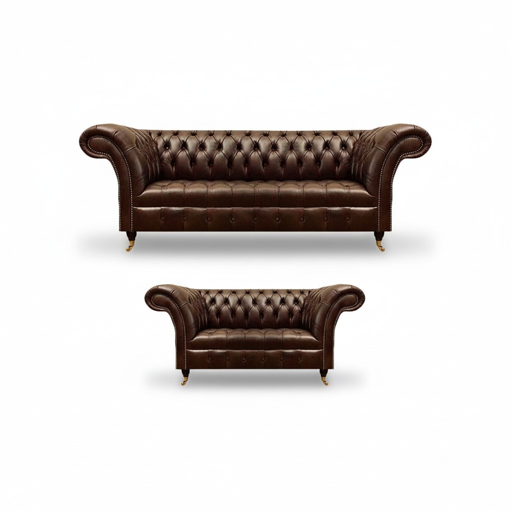 Chesterfield Brown Leather Sofas Elegant Living Room Couches 2-Piece Set