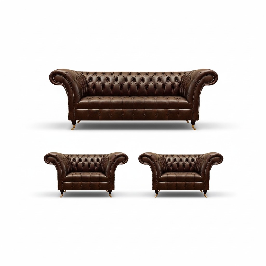 Chesterfield brown leather lounge suite 2x armchairs elegant 3-seater