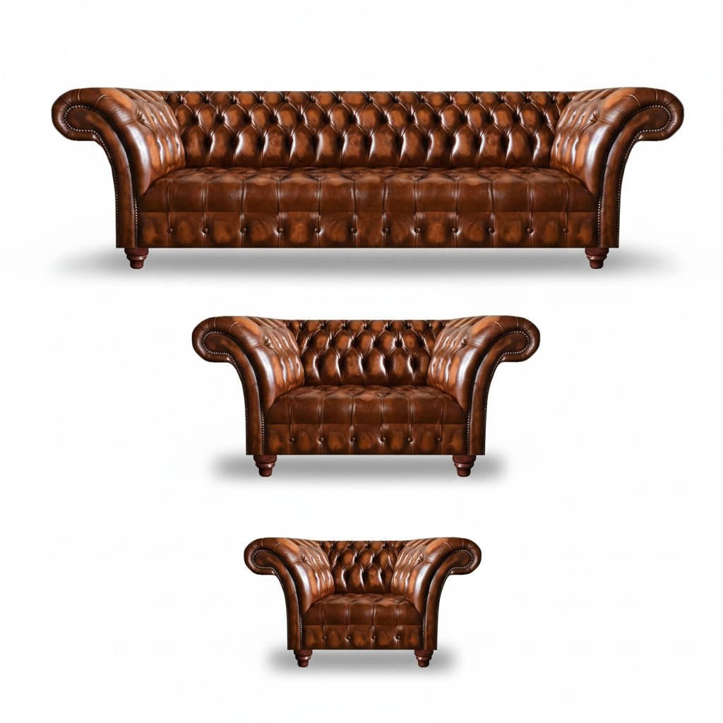 Chesterfield Brown Leather Suite Living Room Sofas Leather Couches 3pcs