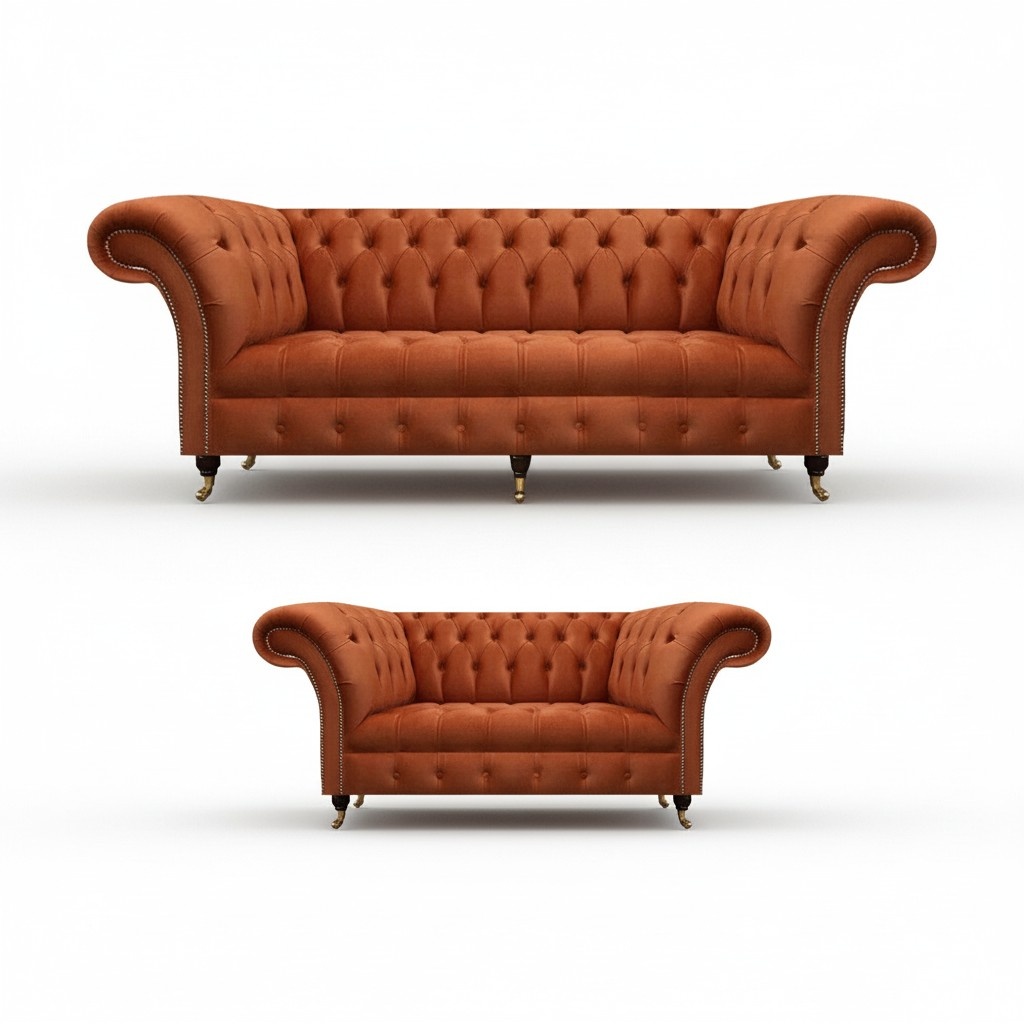 Chesterfield Brown Sofa Set Elegant Upholstered Couches Designer Set 2pcs