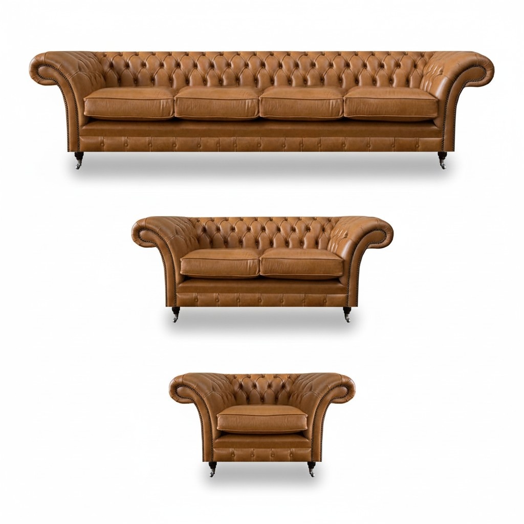 Chesterfield Brown Sofas Complete 4+2+1 Seater Living Room Sofa Set