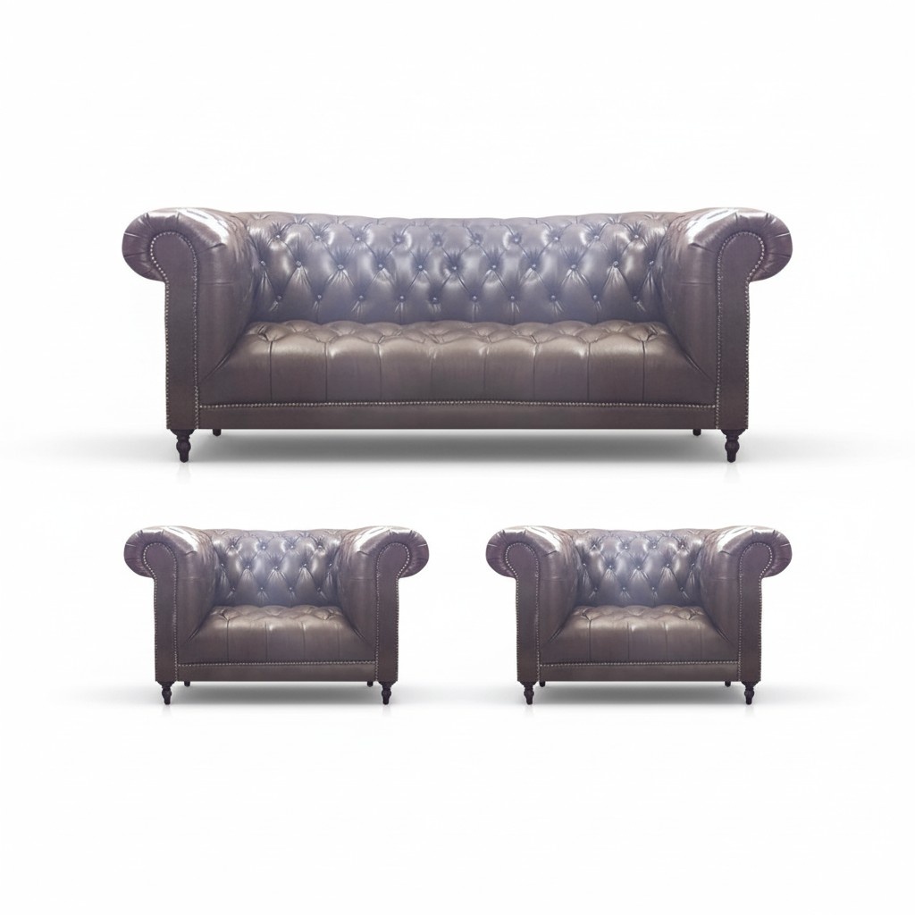 Chesterfield brown upholstered furniture living room armchair 3+1+1 sofa three-seater