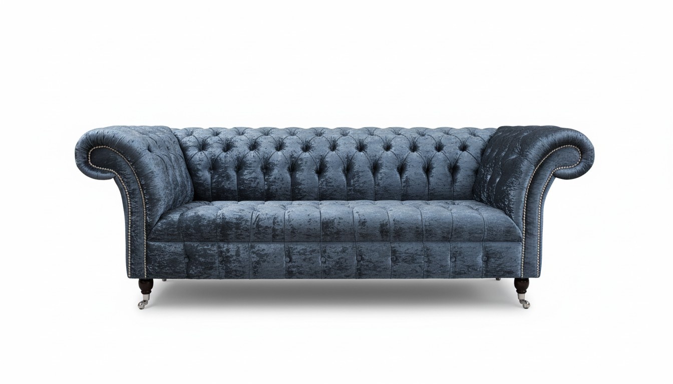 Chesterfield 3-Seater Sofa Textile Upholstered Dark Grey Comfortable on Castors New