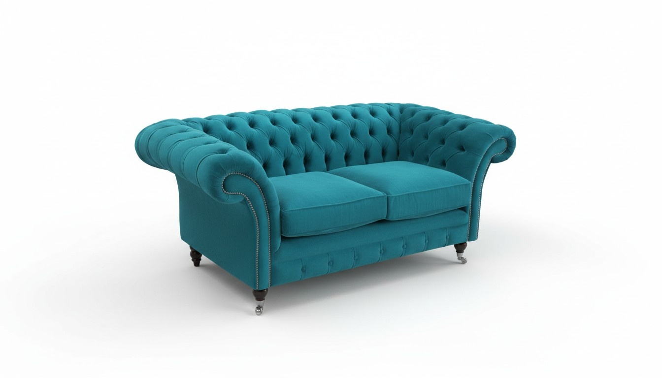 Chesterfield Sofa Turquoise Blue 3-seater on Casters Comfortable Living Room Couch With Cushions New
