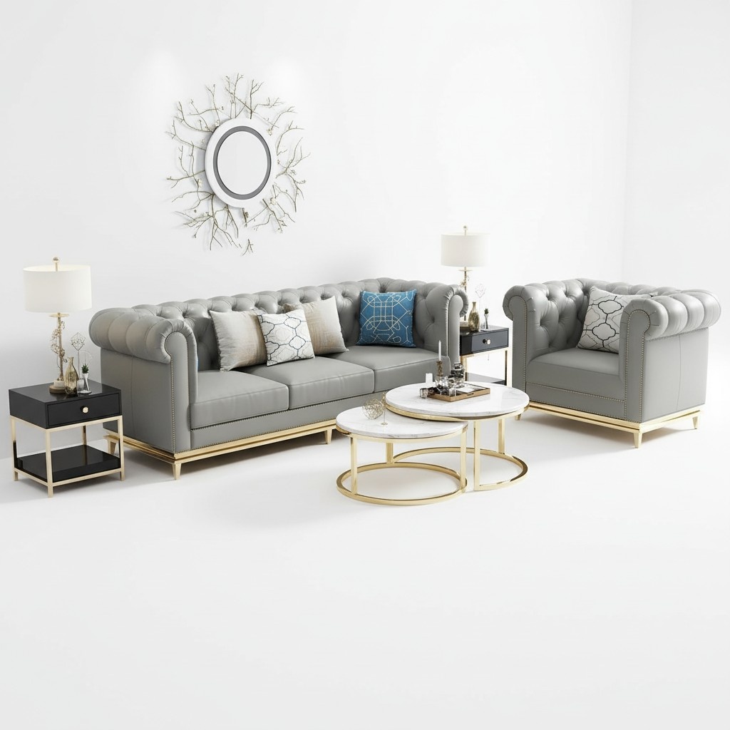 Chesterfield couch upholstery seat set sofa 3+1 leather living room leather metal