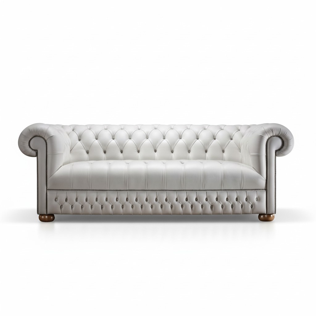 Chesterfield Sofa 3-Seater With Buttons Snow White Textile Wooden Feet Comfortable Couch