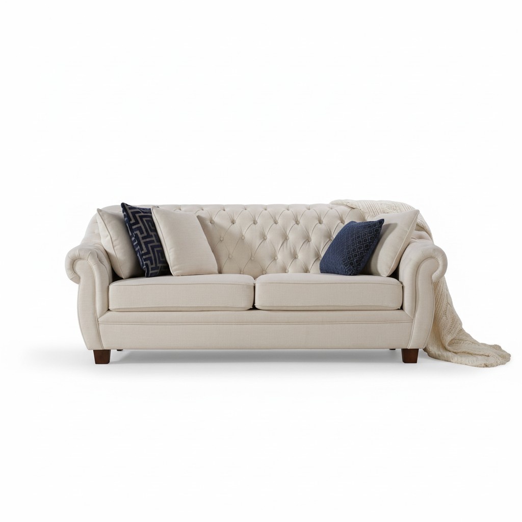 Chesterfield Contemporary Sofa Modern Style 3-Seater Textile Upholstered Light Beige Living Room Couch