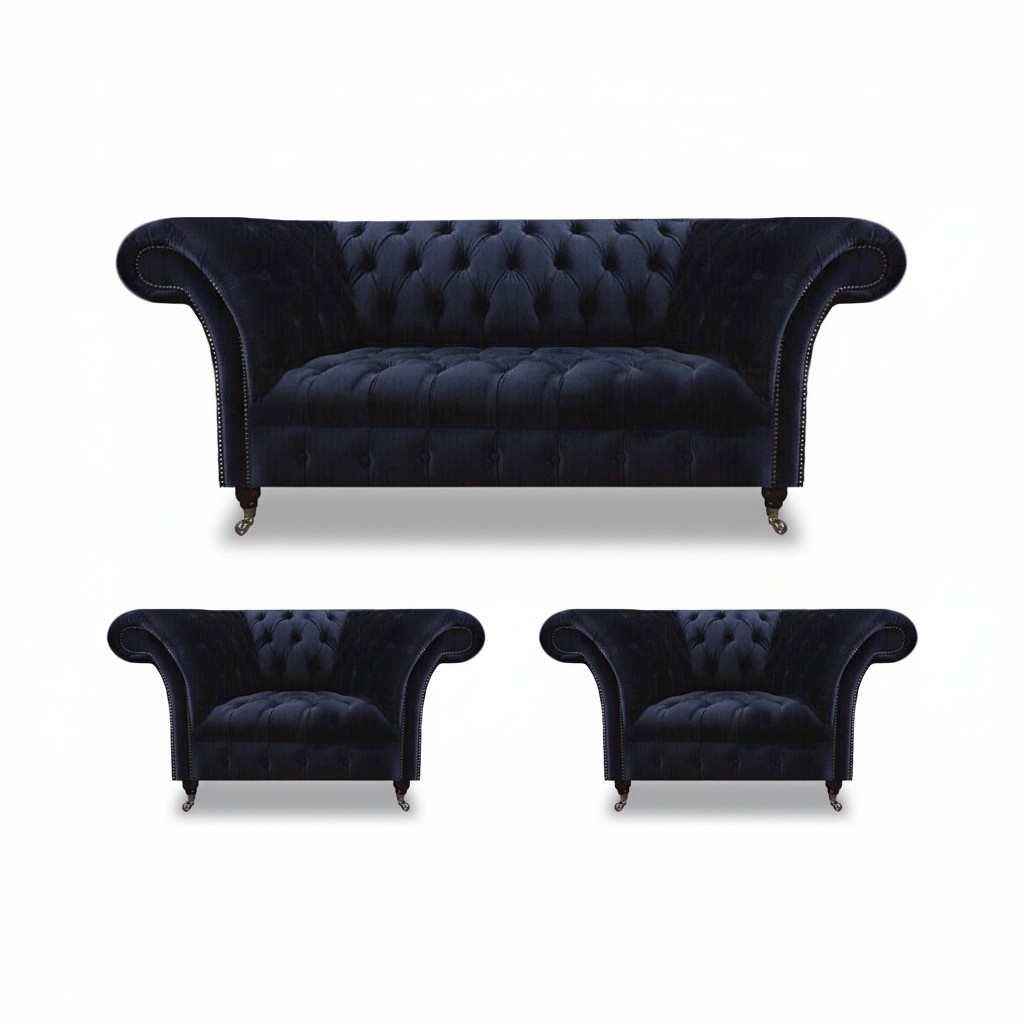 Chesterfield Dark Blue Upholstered Living Room Furniture Sofa Set 3 pcs