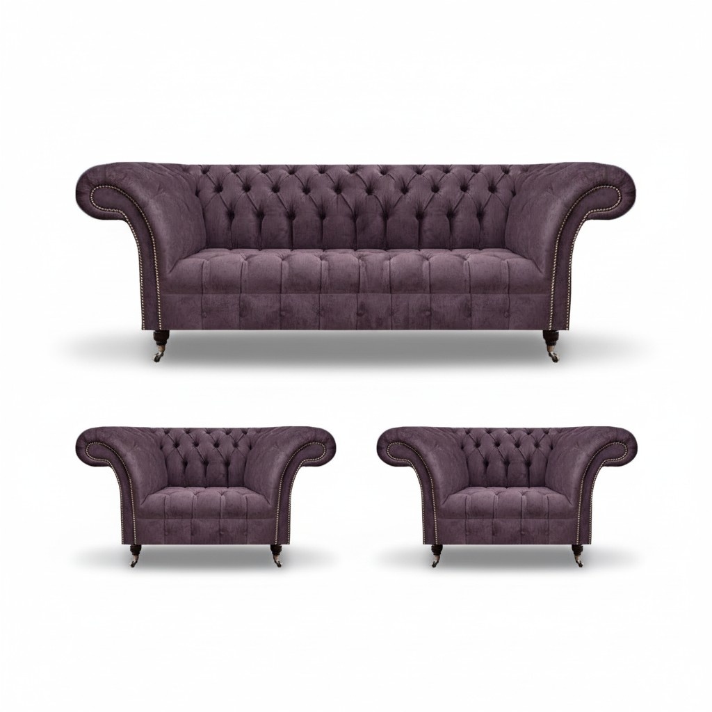 Chesterfield Dark Purple Sofa Set Three-Seater 2x Fabric Armchairs 3 Pieces